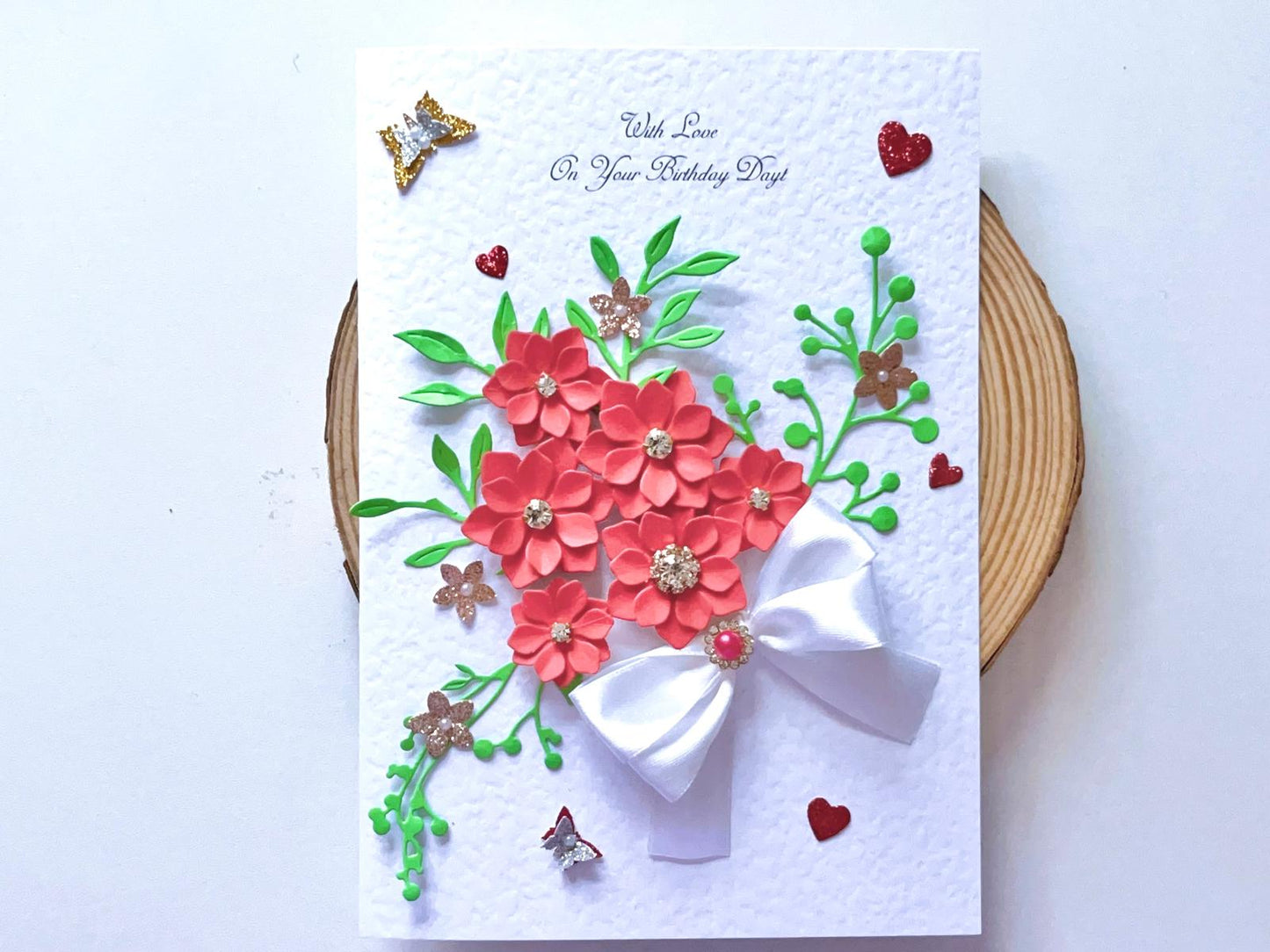Luxury Handmade Personalised Red Floral Birthday Card C035