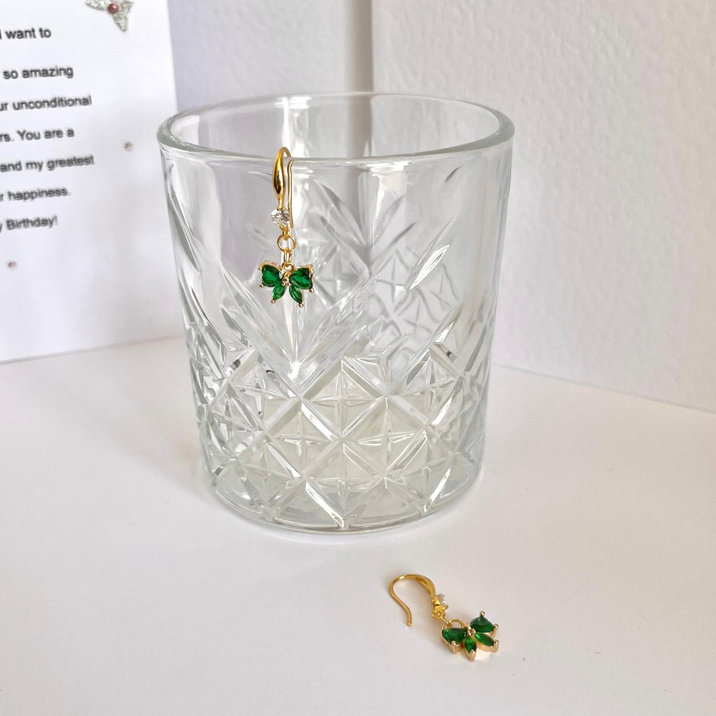 (EKH501) Handmade Gold Plated Green Crystal Bow Earrings, Wedding Accessories, Bridal Earrings