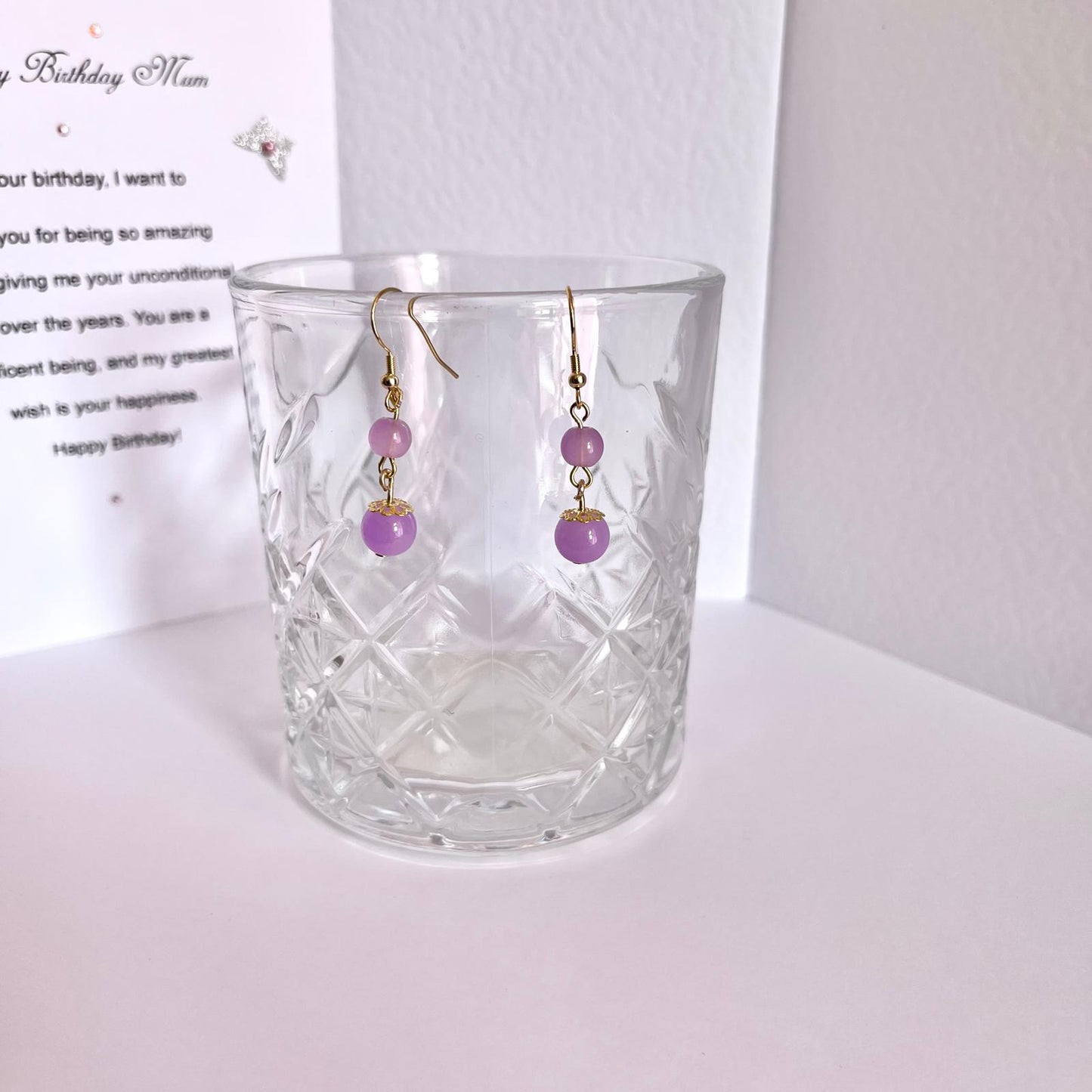 (EKH504) Handmade Gold Plated Purple Glass Bead Earrings, Wedding Accessories, Bridal Earrings