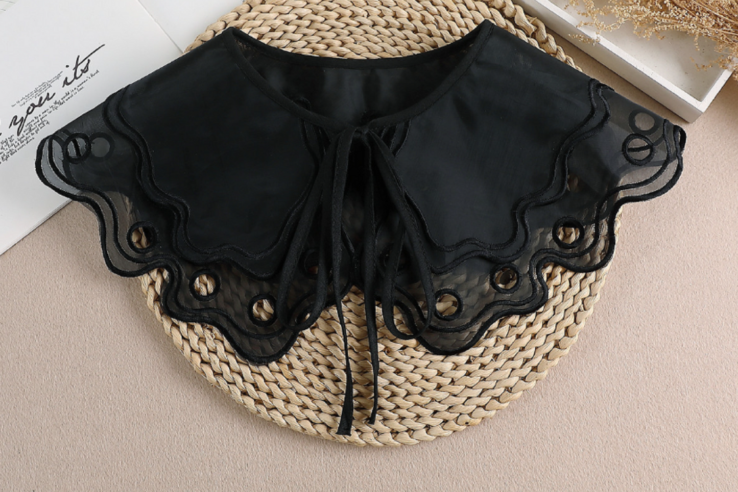 Off White, Black / Fake Detachable Chiffon Lace Collar B691(K)-small