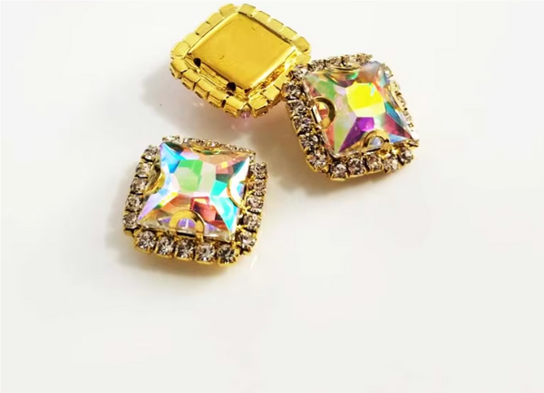 10 Pcs / Gold Base Sew On Square Rhinestones  S38G