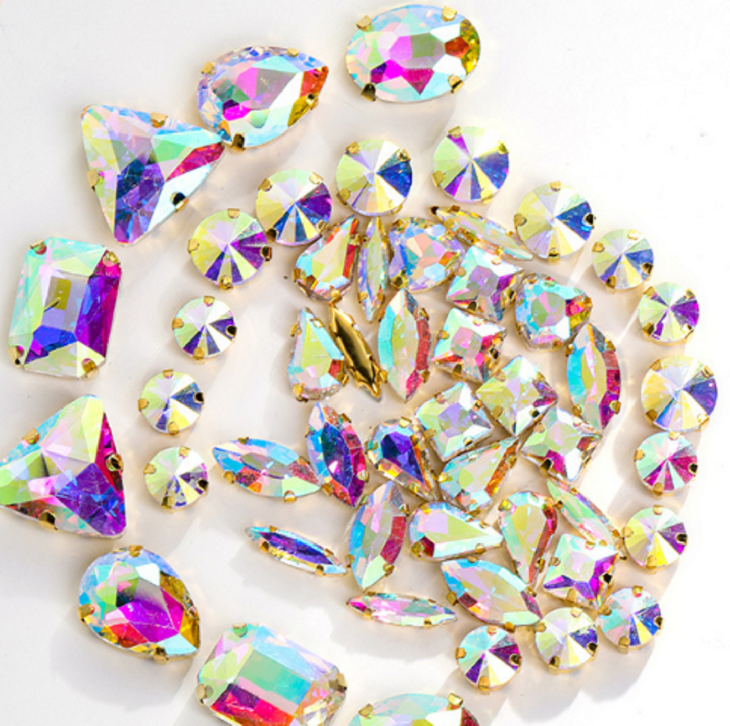 (S34G)  50 Pcs / Mix Sizes & Shapes Silver Base Sew On Rhinestone