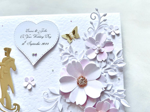 Luxury Handmade Personalised Floral Wedding Card, Bride and Groom C034