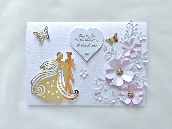 Luxury Handmade Personalised Floral Wedding Card, Bride and Groom C034