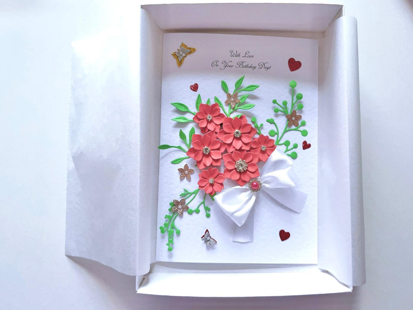 Luxury Handmade Personalised Red Floral Birthday Card C035