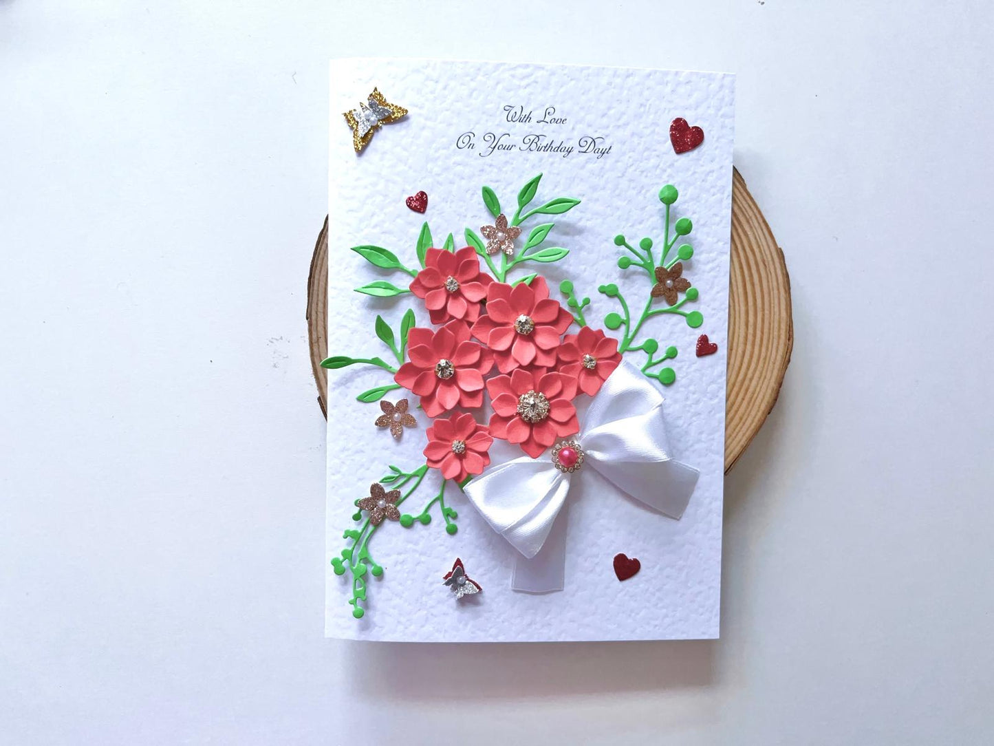 Luxury Handmade Personalised Red Floral Birthday Card C035