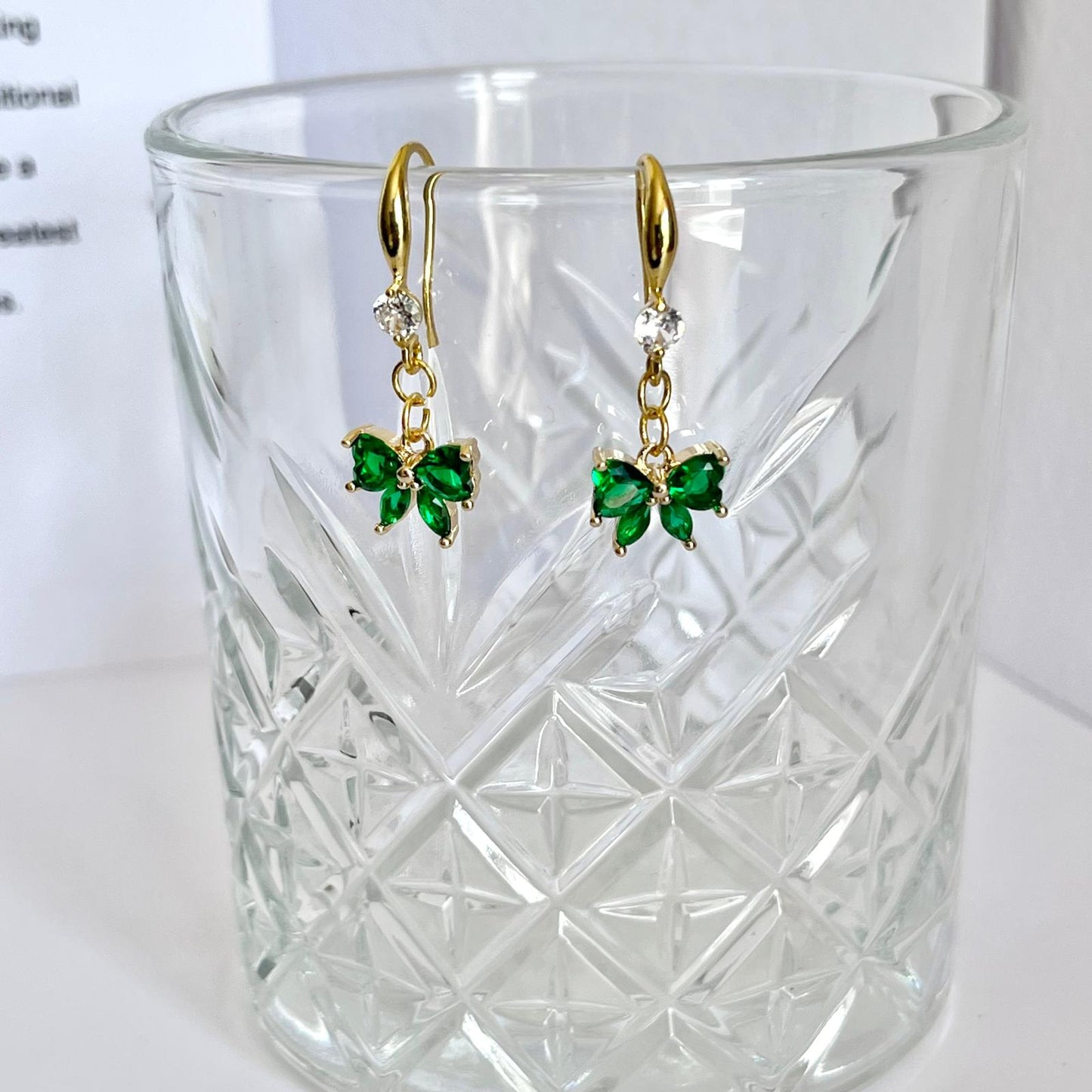 (EKH501) Handmade Gold Plated Green Crystal Bow Earrings, Wedding Accessories, Bridal Earrings
