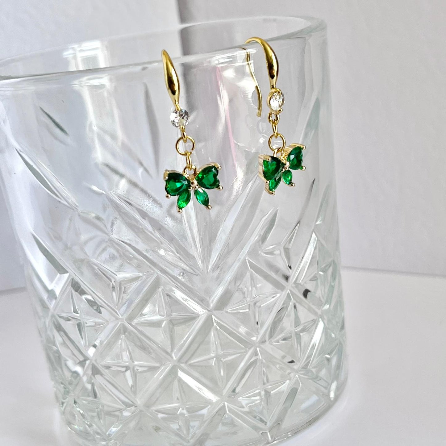 (EKH501) Handmade Gold Plated Green Crystal Bow Earrings, Wedding Accessories, Bridal Earrings
