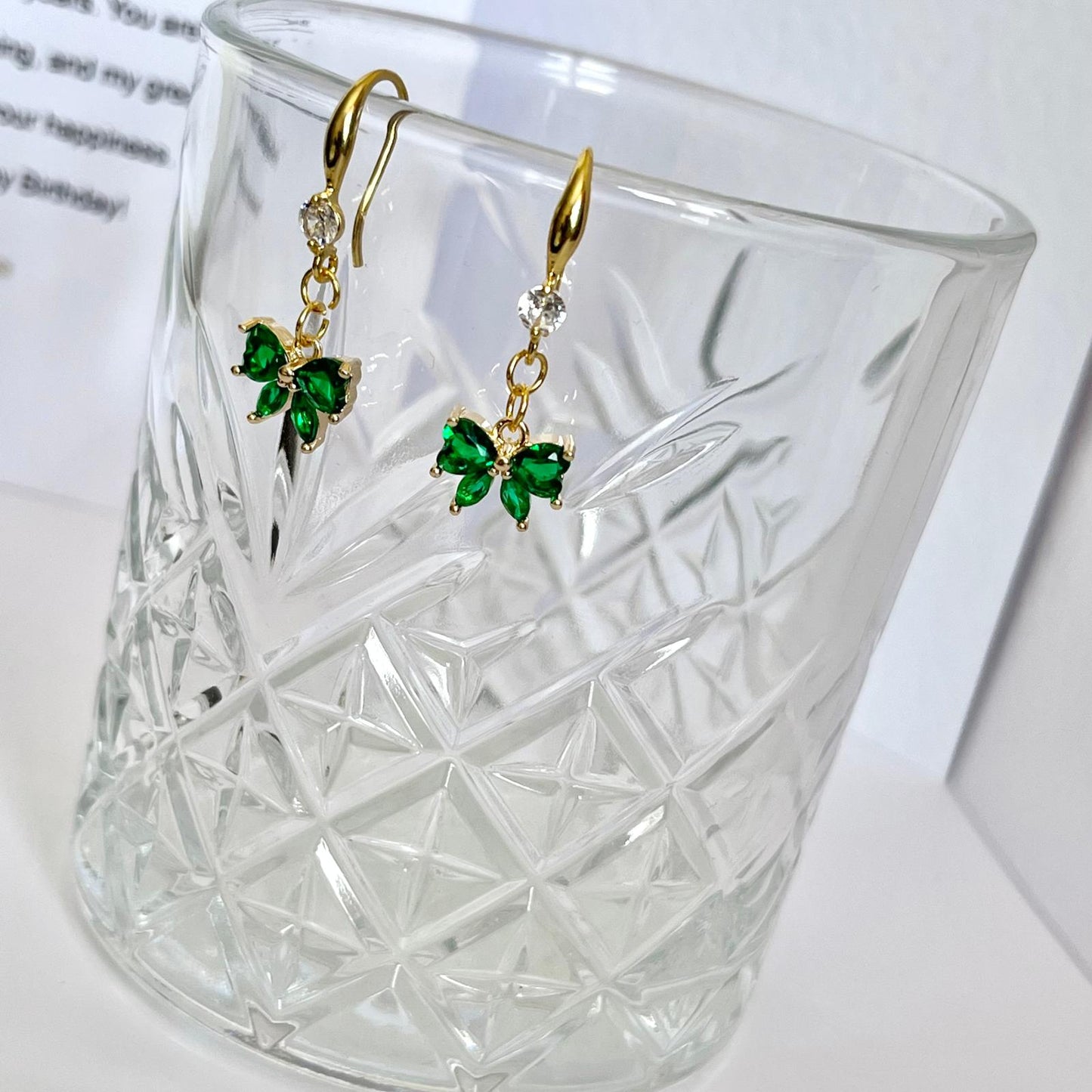 (EKH501) Handmade Gold Plated Green Crystal Bow Earrings, Wedding Accessories, Bridal Earrings