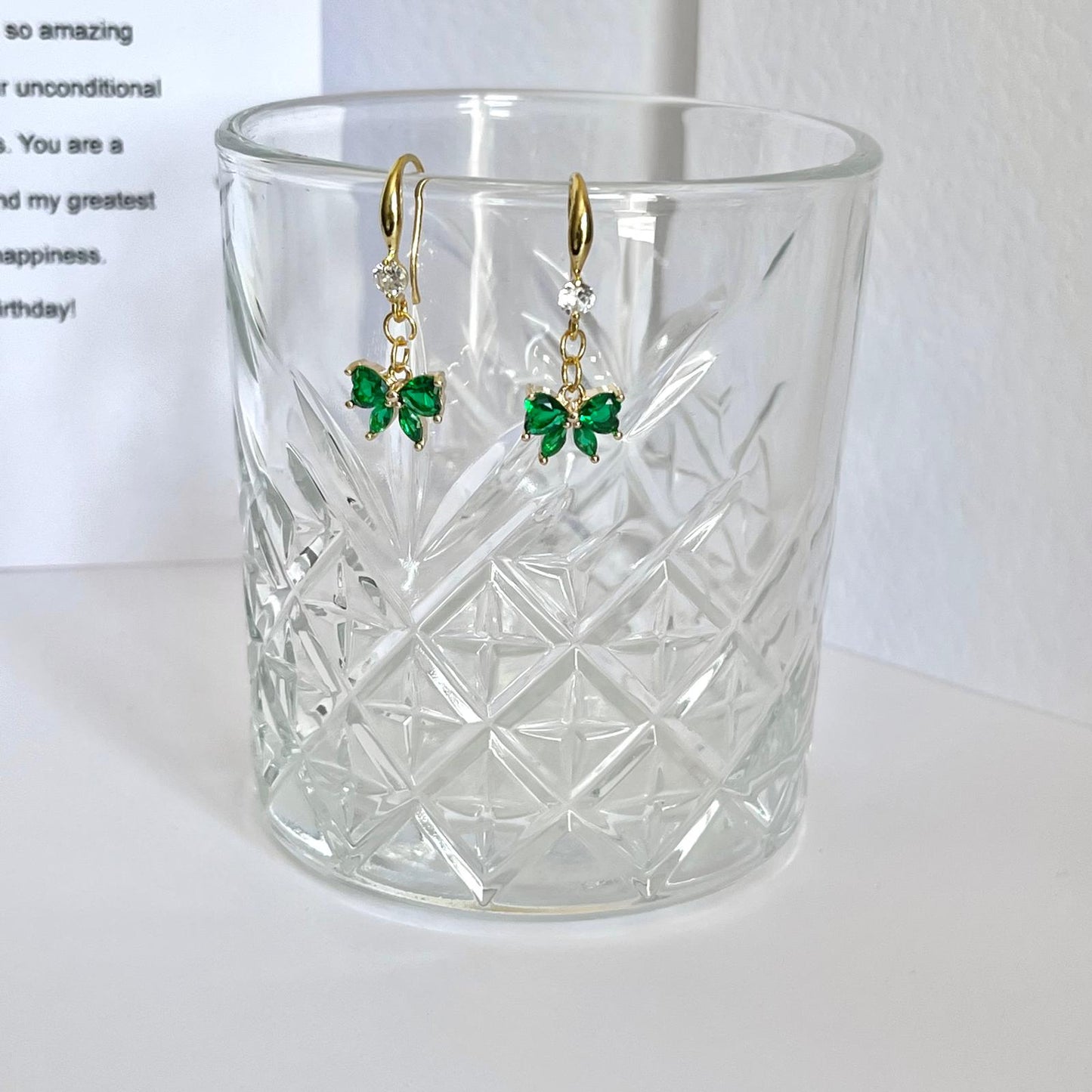 (EKH501) Handmade Gold Plated Green Crystal Bow Earrings, Wedding Accessories, Bridal Earrings