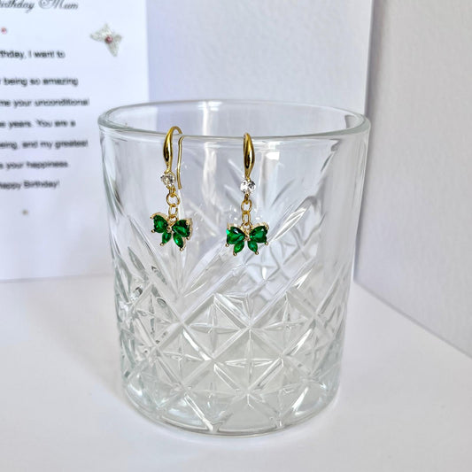 (EKH501) Handmade Gold Plated Green Crystal Bow Earrings, Wedding Accessories, Bridal Earrings