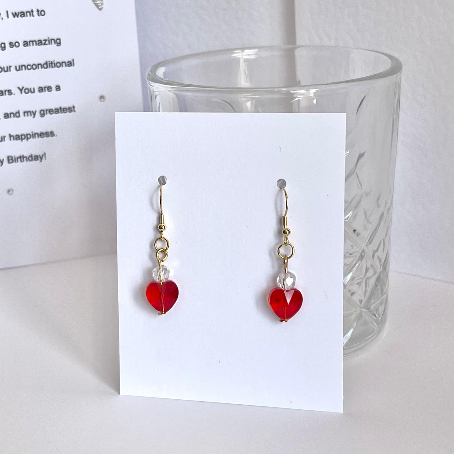 (EKH503) Handmade Gold Plated Red Crystal Heart Earrings, Wedding Accessories, Bridal Earrings