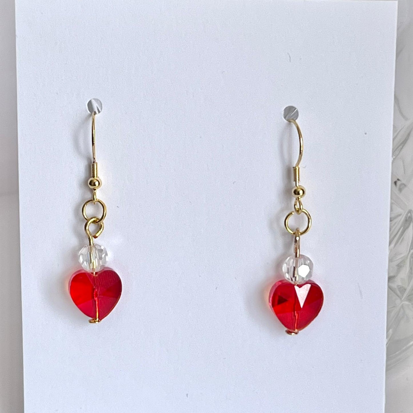 (EKH503) Handmade Gold Plated Red Crystal Heart Earrings, Wedding Accessories, Bridal Earrings