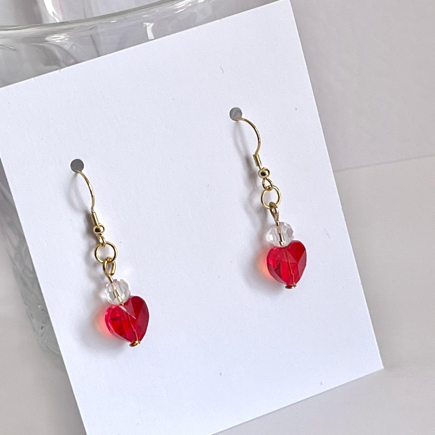 (EKH503) Handmade Gold Plated Red Crystal Heart Earrings, Wedding Accessories, Bridal Earrings