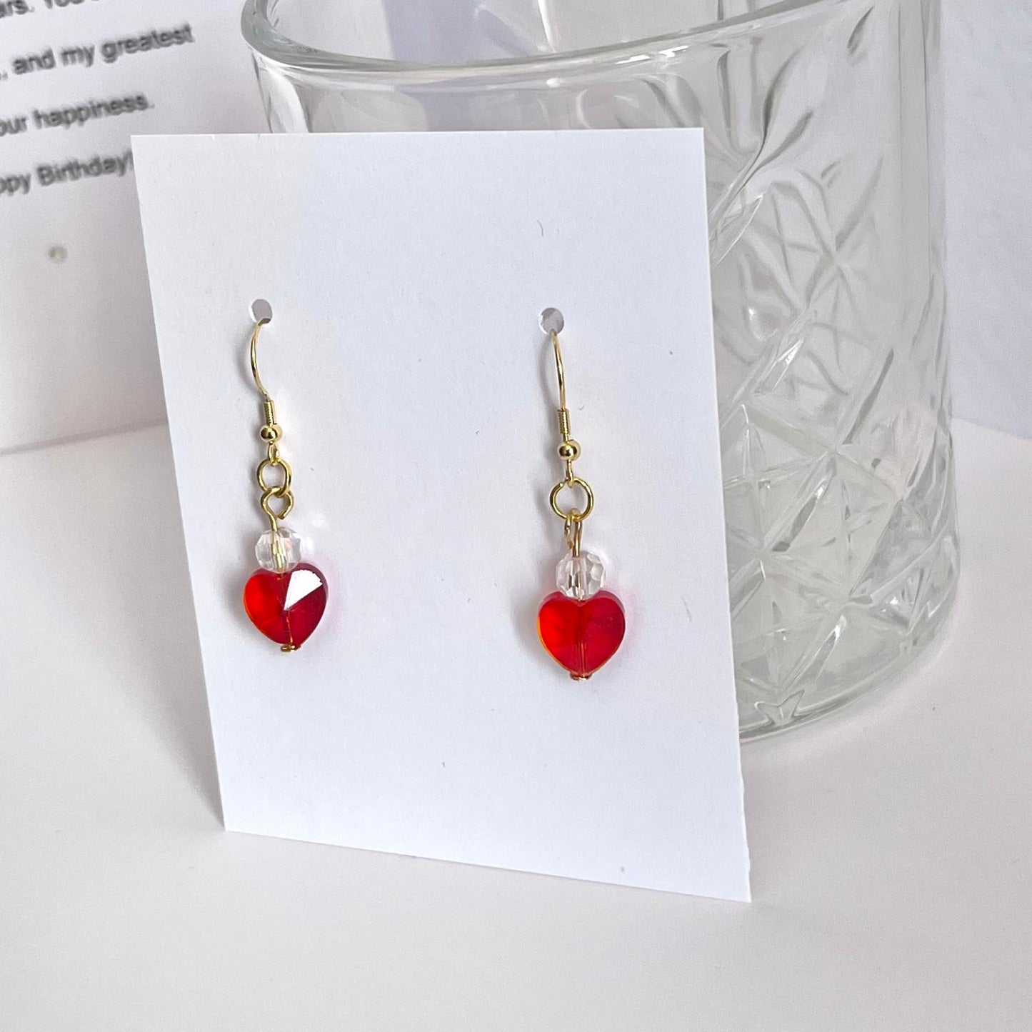 (EKH503) Handmade Gold Plated Red Crystal Heart Earrings, Wedding Accessories, Bridal Earrings