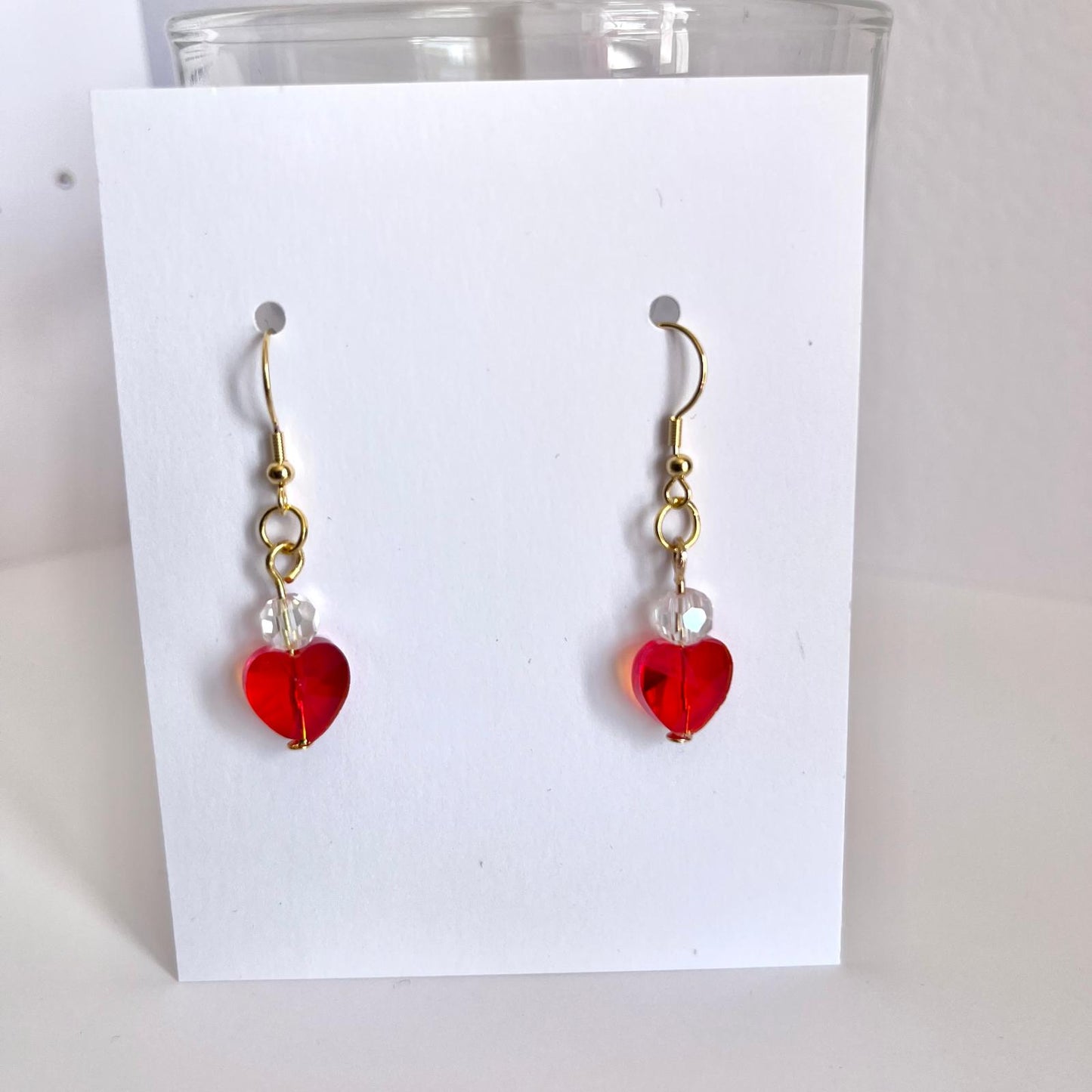 (EKH503) Handmade Gold Plated Red Crystal Heart Earrings, Wedding Accessories, Bridal Earrings