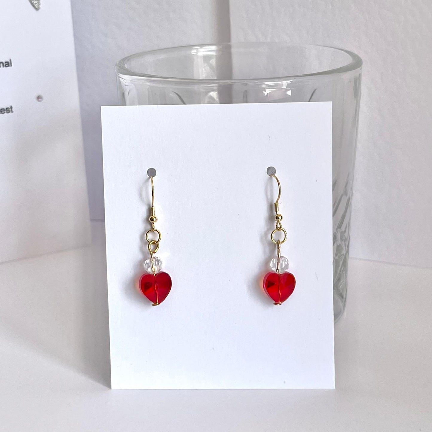 (EKH503) Handmade Gold Plated Red Crystal Heart Earrings, Wedding Accessories, Bridal Earrings
