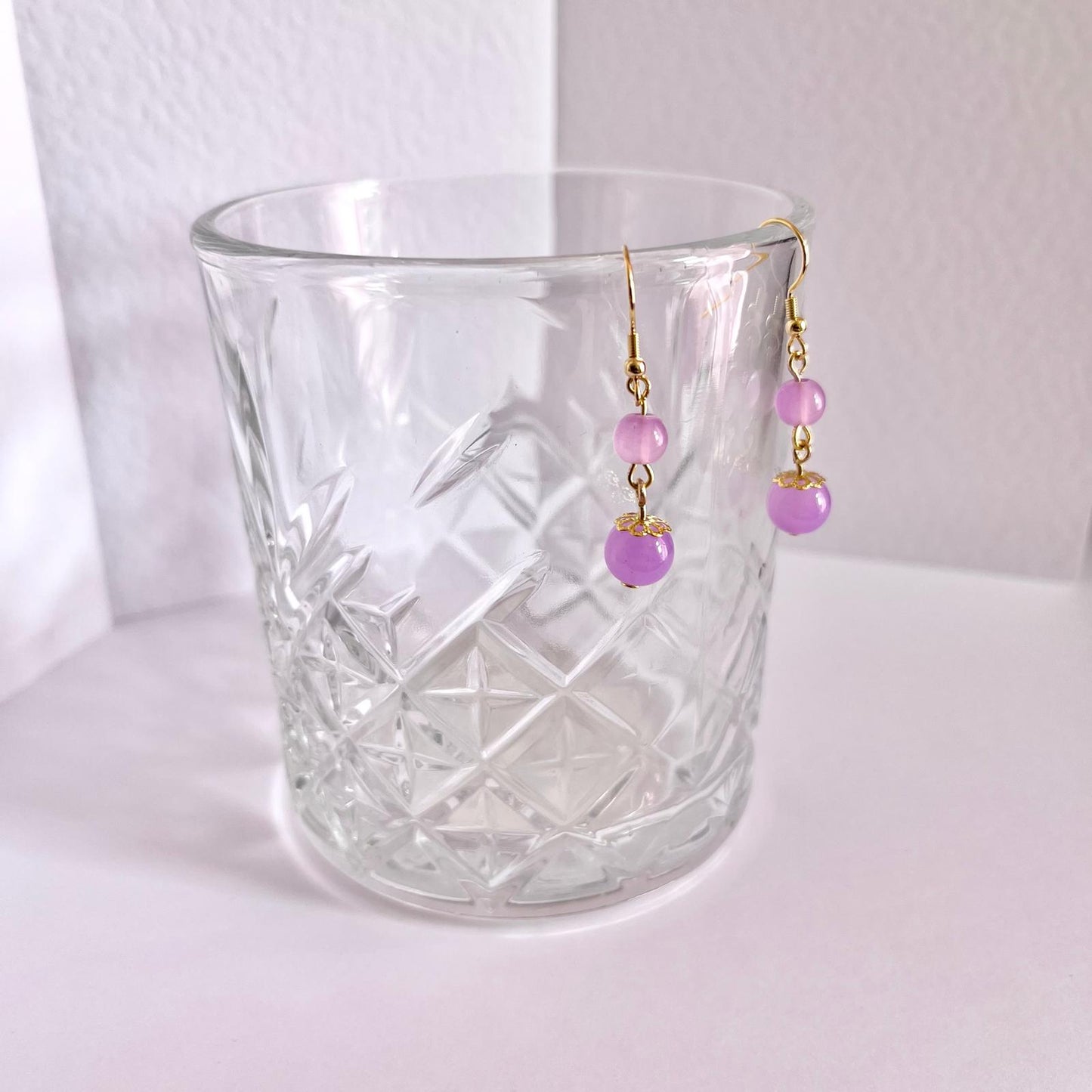 (EKH504) Handmade Gold Plated Purple Glass Bead Earrings, Wedding Accessories, Bridal Earrings