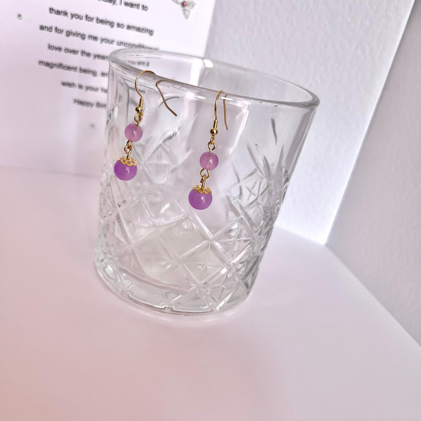 (EKH504) Handmade Gold Plated Purple Glass Bead Earrings, Wedding Accessories, Bridal Earrings