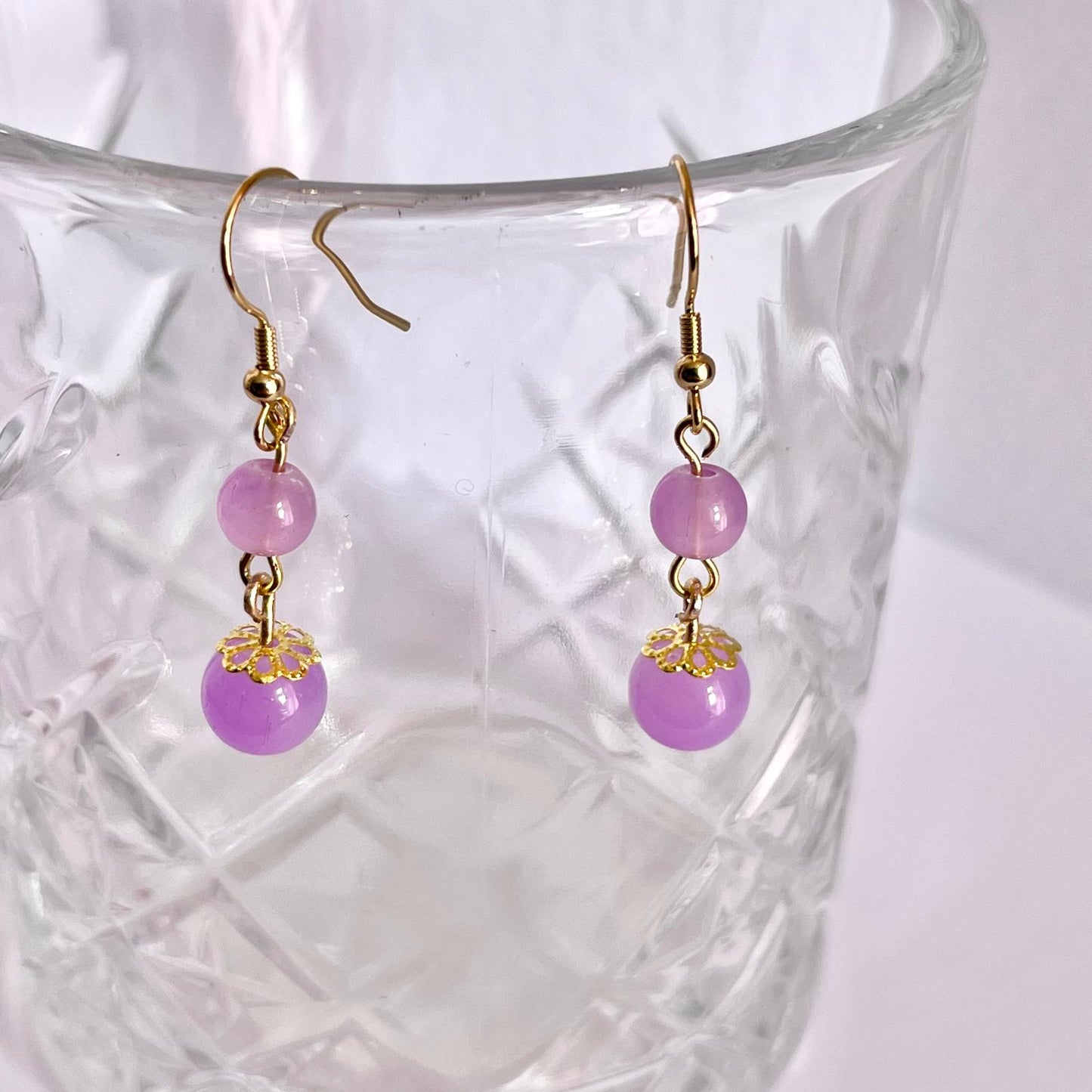 (EKH504) Handmade Gold Plated Purple Glass Bead Earrings, Wedding Accessories, Bridal Earrings
