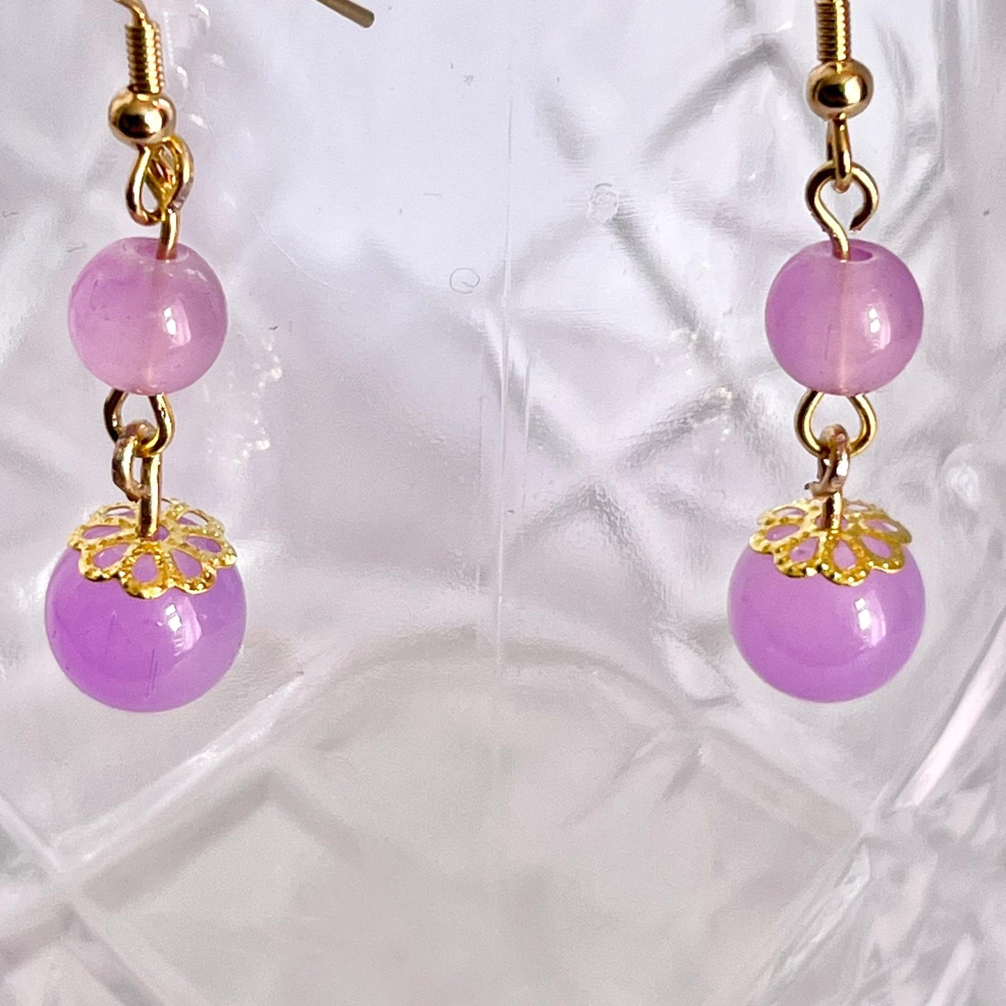 (EKH504) Handmade Gold Plated Purple Glass Bead Earrings, Wedding Accessories, Bridal Earrings