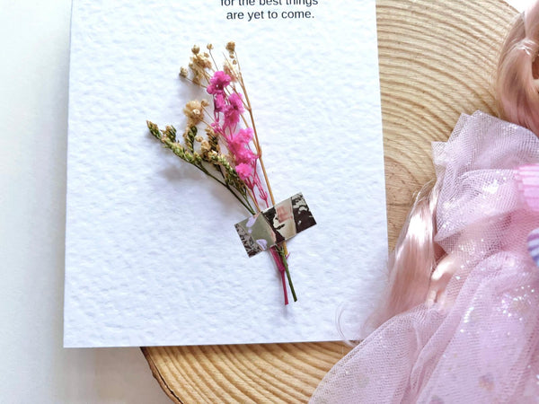 Luxury Handmade Personalised Dried Flower Birthday Card and Doll Keychain G001