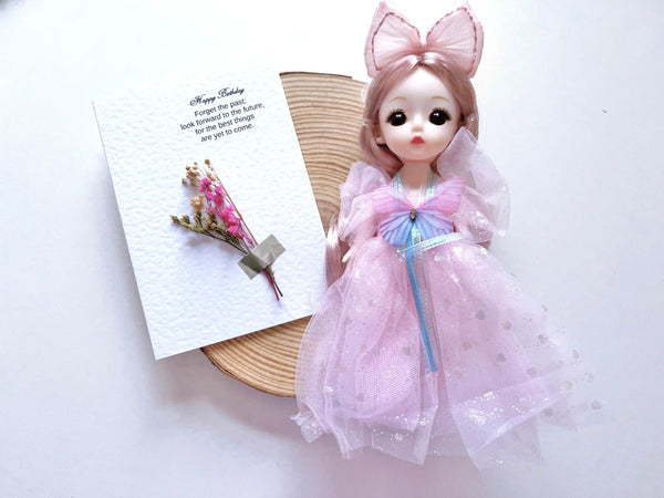 Luxury Handmade Personalised Dried Flower Birthday Card and Doll Keychain G001