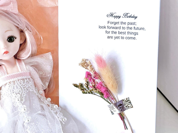 Luxury Handmade Personalised Dried Flower Birthday Card and Doll Keychain G005