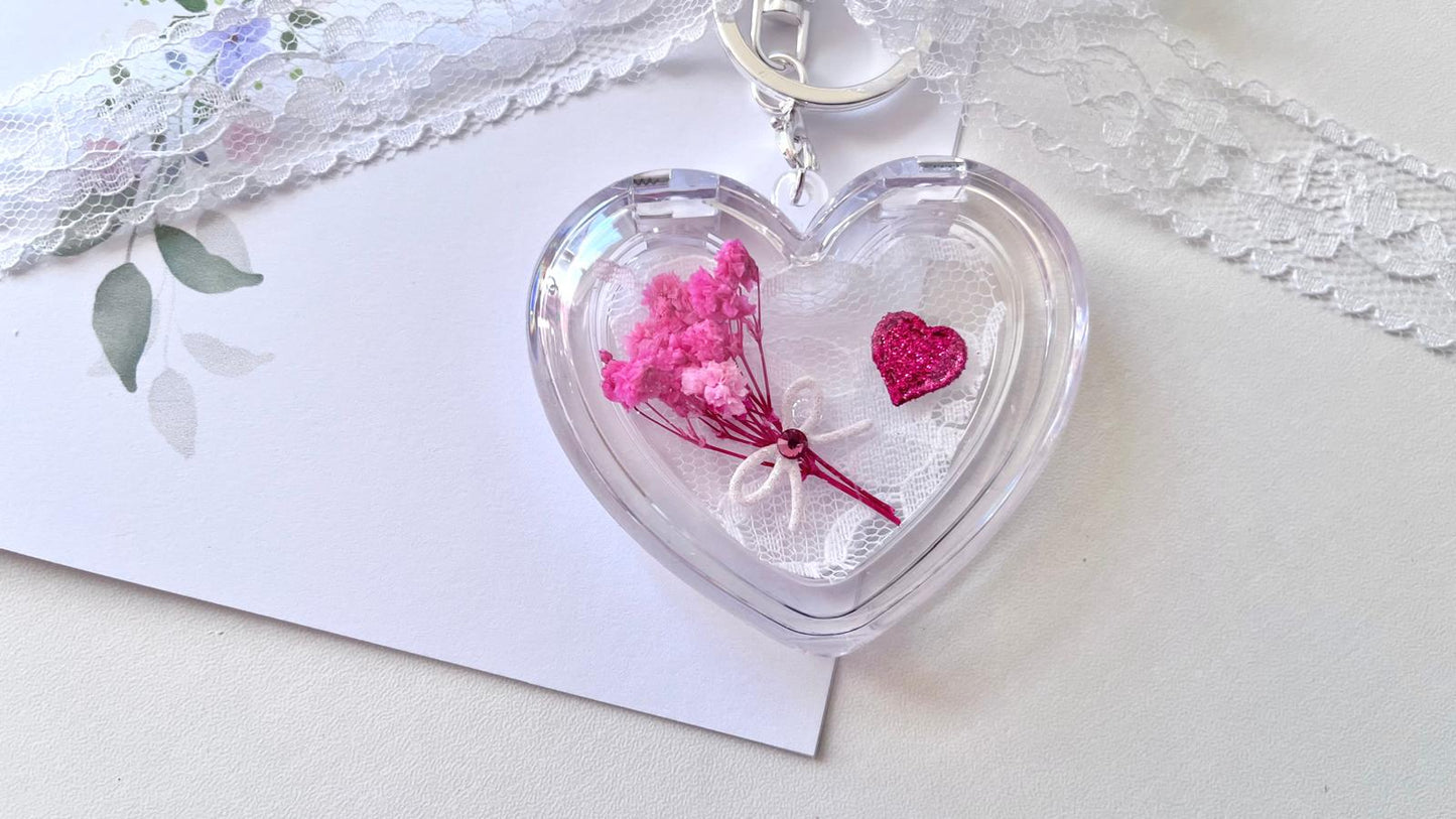 (KC005)  Handmade Flower Silver Plated Clear Acrylic Heart Keychain, Keyring