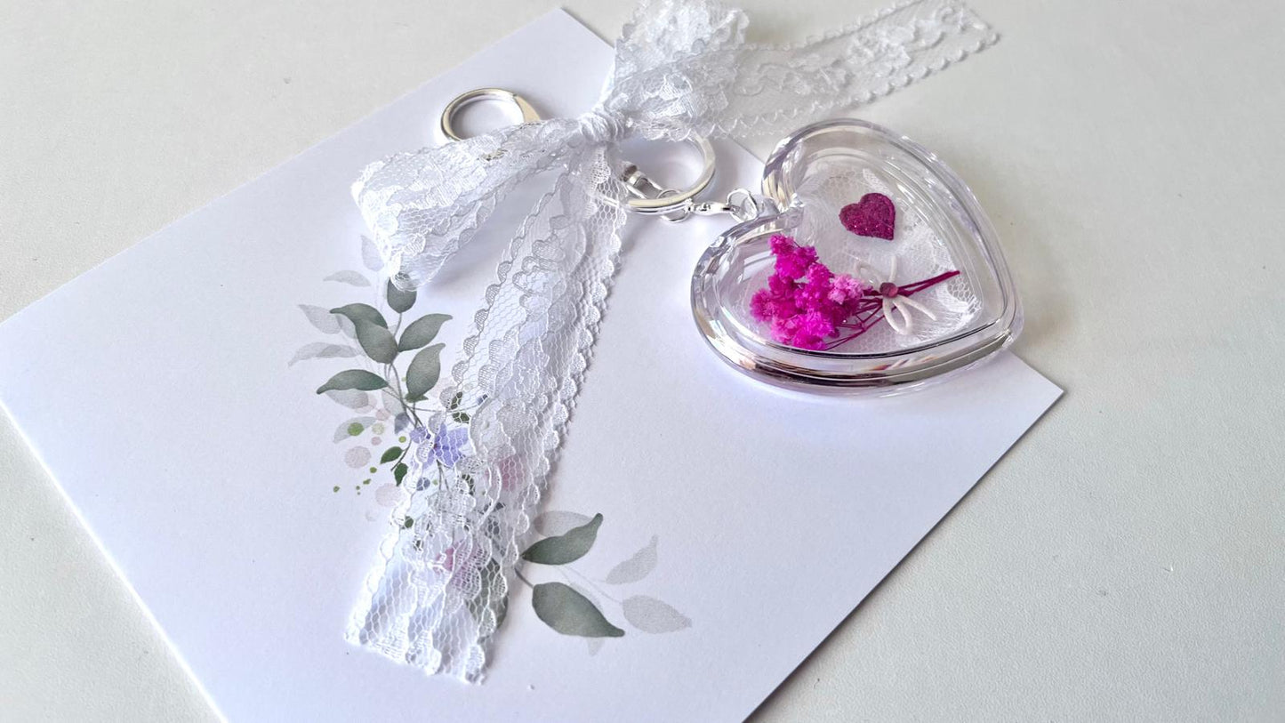 (KC005)  Handmade Flower Silver Plated Clear Acrylic Heart Keychain, Keyring