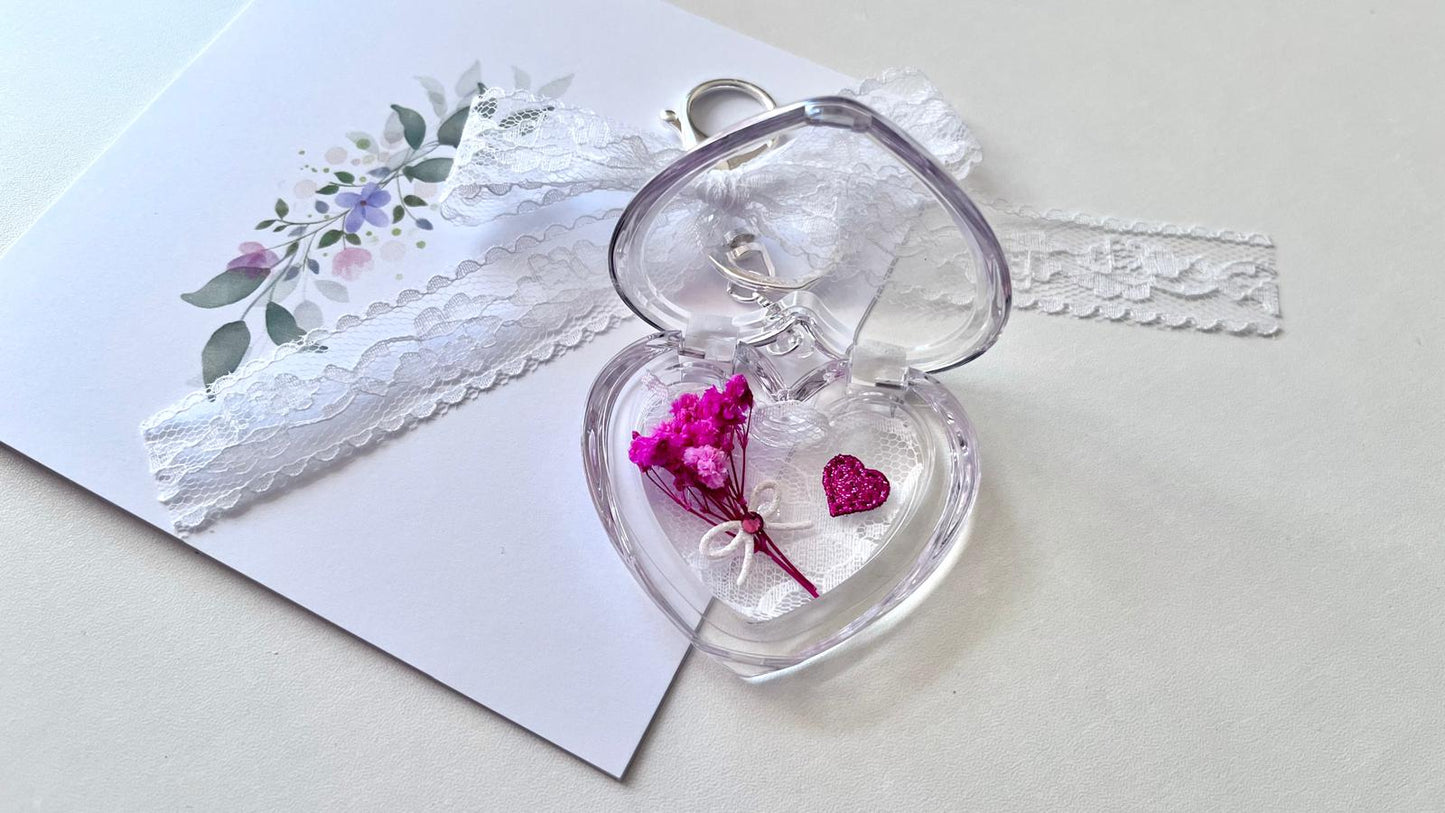 (KC005)  Handmade Flower Silver Plated Clear Acrylic Heart Keychain, Keyring
