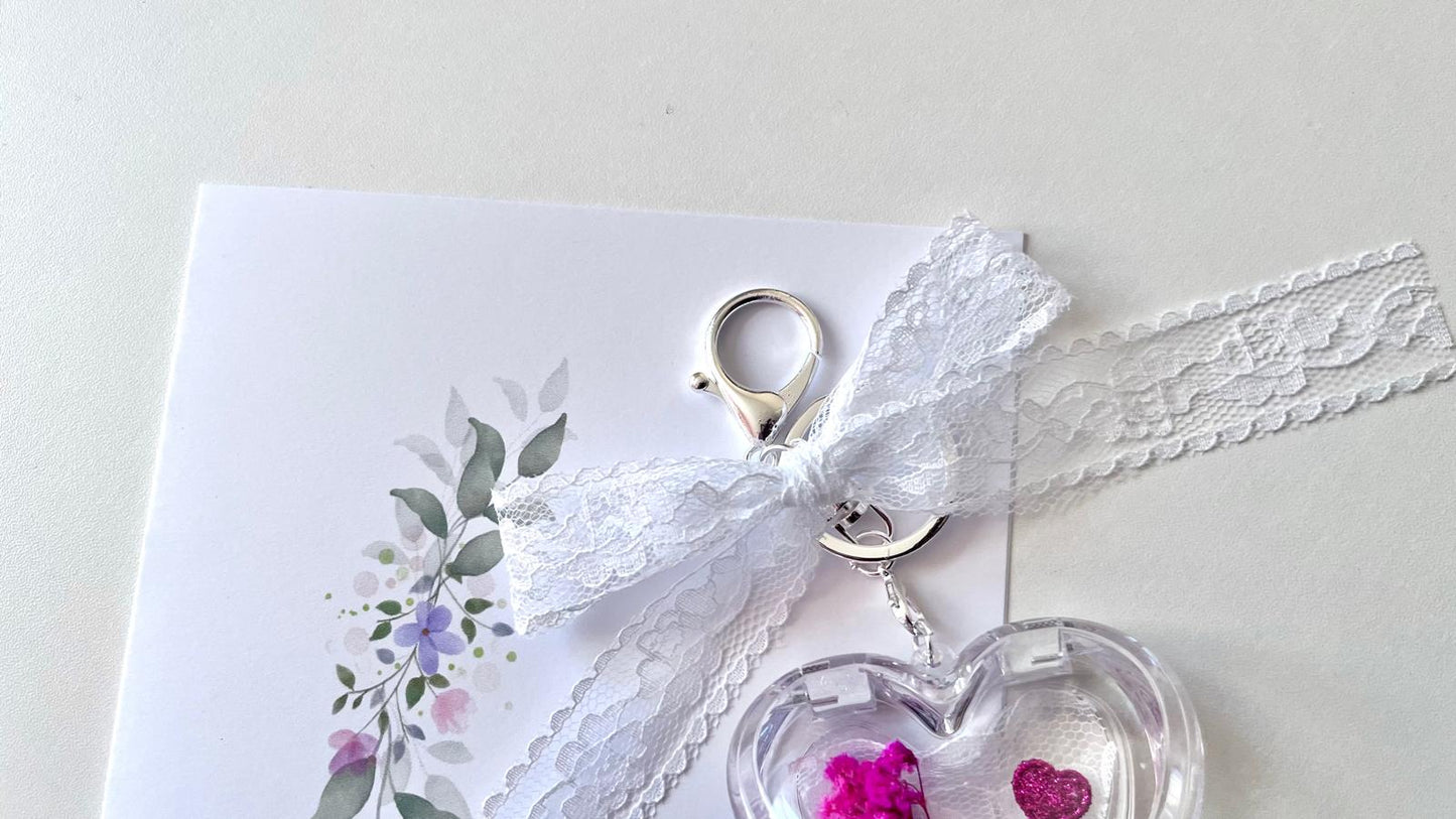 (KC005)  Handmade Flower Silver Plated Clear Acrylic Heart Keychain, Keyring