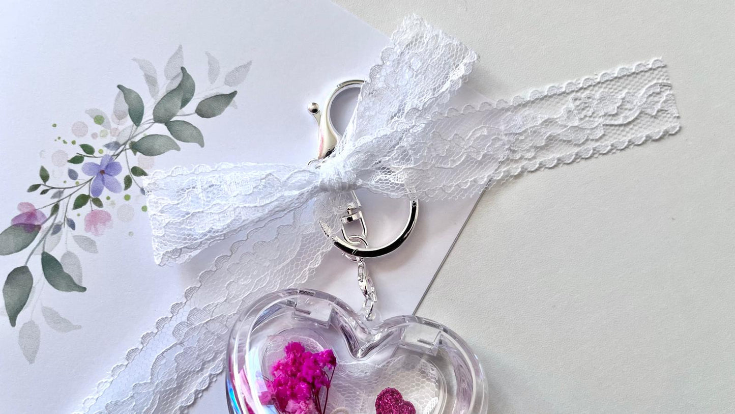 (KC005)  Handmade Flower Silver Plated Clear Acrylic Heart Keychain, Keyring