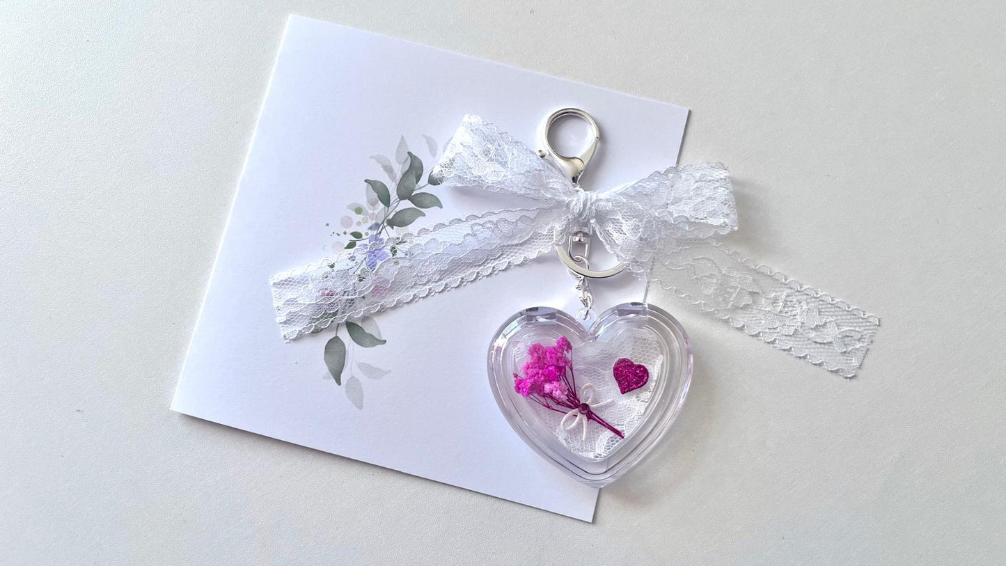 (KC005)  Handmade Flower Silver Plated Clear Acrylic Heart Keychain, Keyring