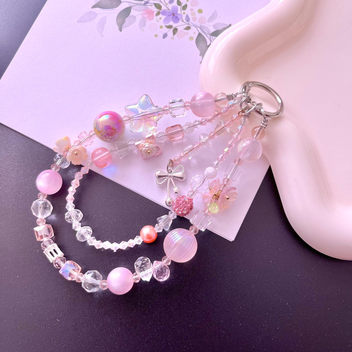 Handmade Pastel Beaded Keyring, Beaded Keychain  KC017