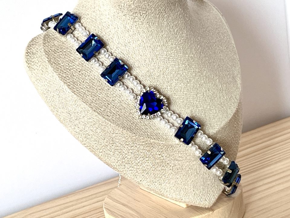 40cm Handmade Ladies Blue Crystal Necklace, Jewellery Rhinestone Necklace LN001