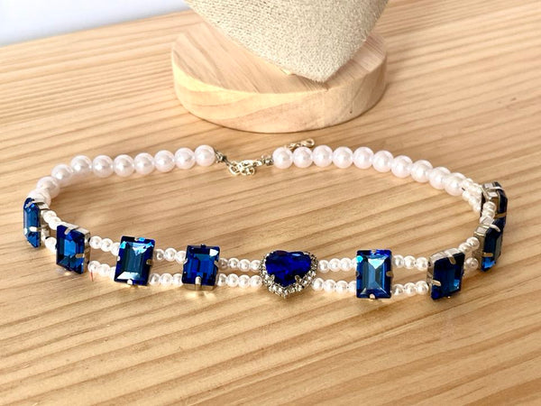 40cm Handmade Ladies Blue Crystal Necklace, Jewellery Rhinestone Necklace LN001