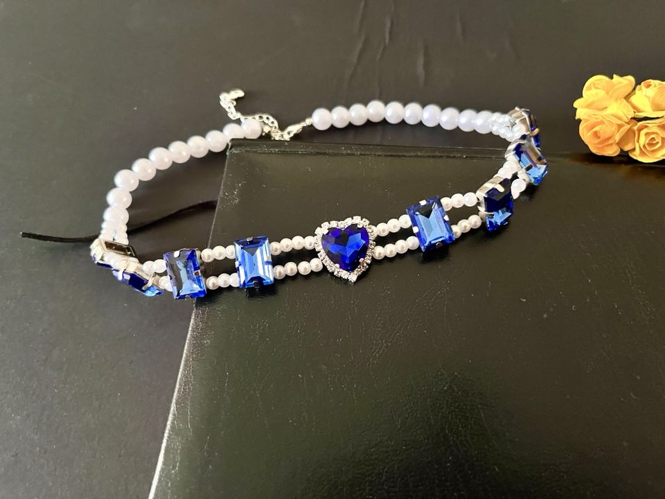 40cm Handmade Ladies Blue Crystal Necklace, Jewellery Rhinestone Necklace LN001