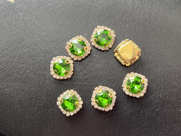 10 Pcs / 16mm, 18mm / Gold Sew On Square Rhinestone   S13G