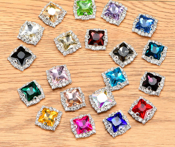 10 Pcs / 20mm / Silver Base Sew On Square Rhinestone  S38S