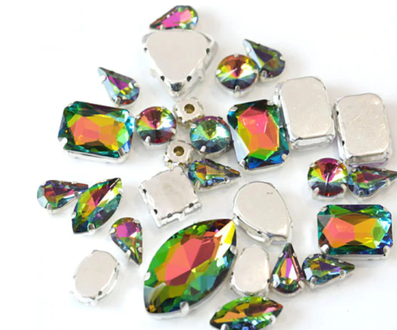 (S34S)  50 Pcs / Mix Sizes & Shapes Silver Base Sew On Rhinestone