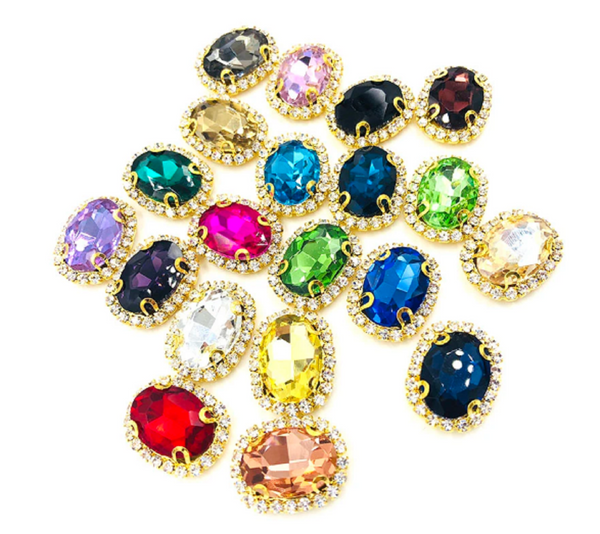 10 Pcs / 12 x 14mm / Gold Base Sew On Oval Crystal   S12G