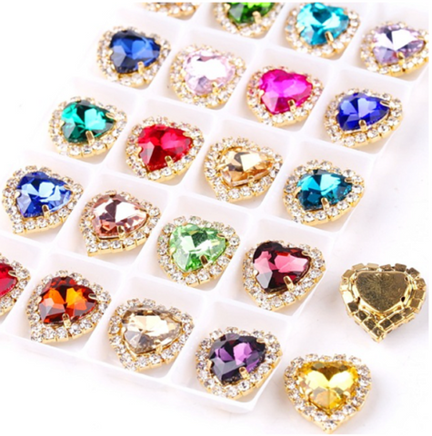 10 Pcs / 8mm / Gold Base Sew On Rhinestone Heart C17G