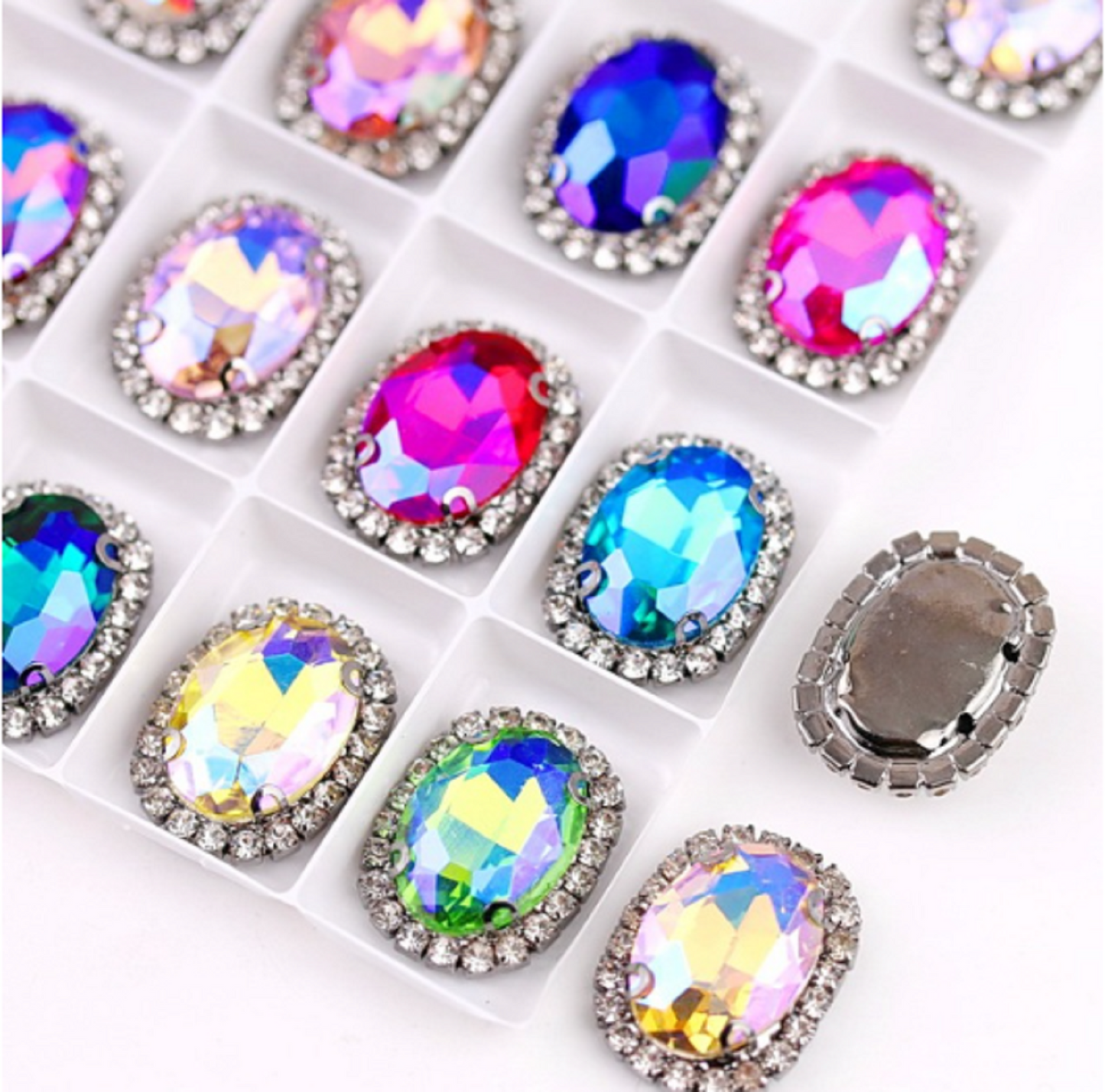 S12S (Neon)  10 Pcs / 12 x 14mm / Silver Base Sew On Oval Crystals