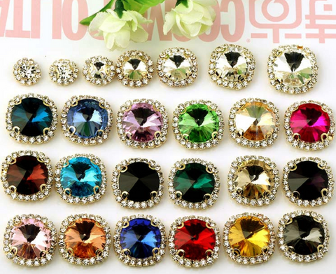 10 Pcs / 16mm, 18mm / Gold Sew On Square Rhinestone   S13G