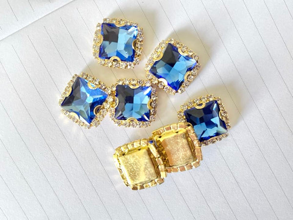 10 Pcs / Gold Base Sew On Square Rhinestones  S38G