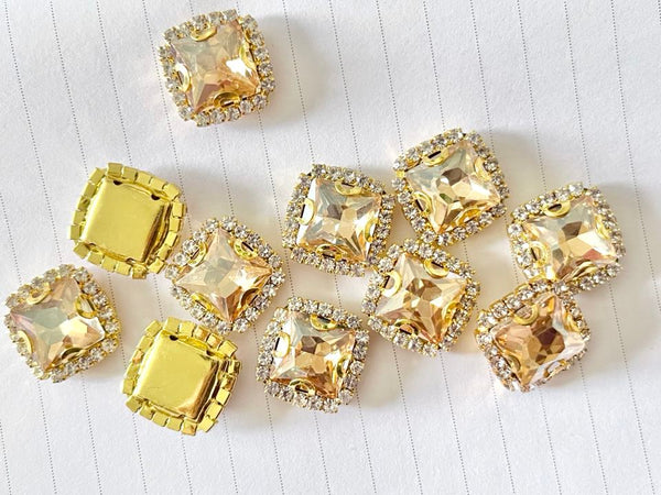 10 Pcs / Gold Base Sew On Square Rhinestones  S38G