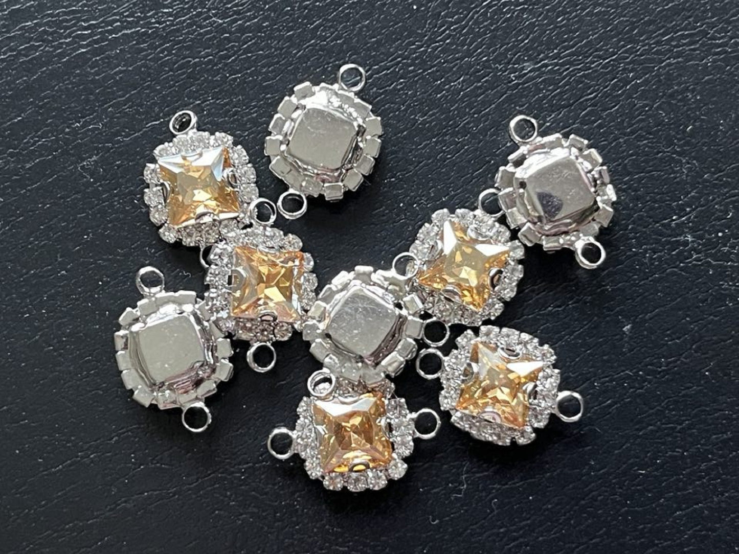 10 Pcs / 14mm Silver Base Double Loops Rhinestone Square Connector  C050S