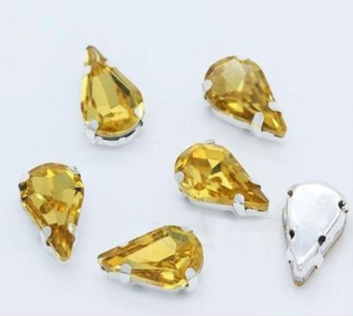 50 Pcs / 6 x 10mm / Sew On Silver Teardrop Crystals S19S