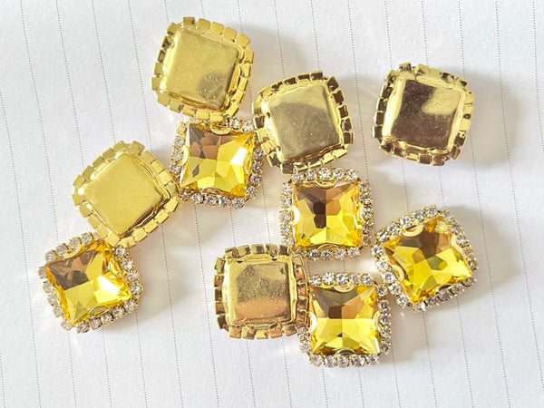 10 Pcs / Gold Base Sew On Square Rhinestones  S38G